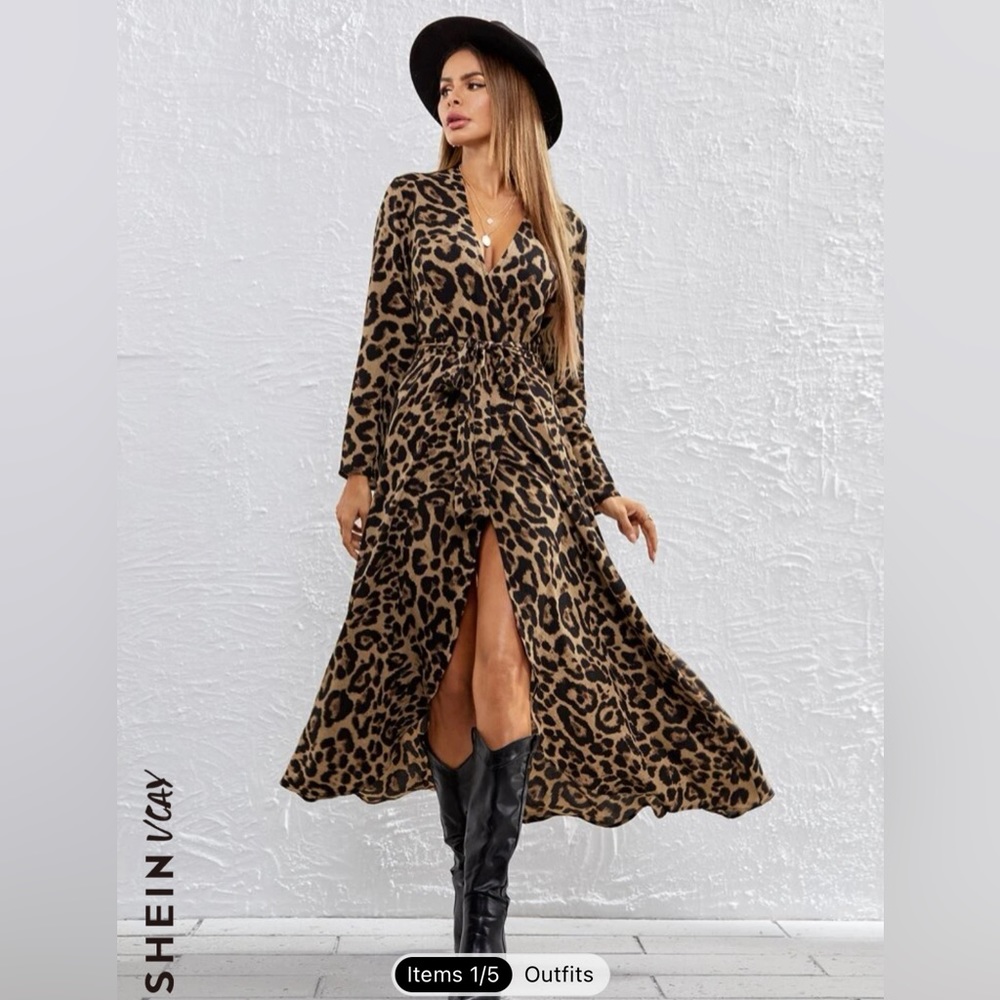 Leopard self belted wrap dress